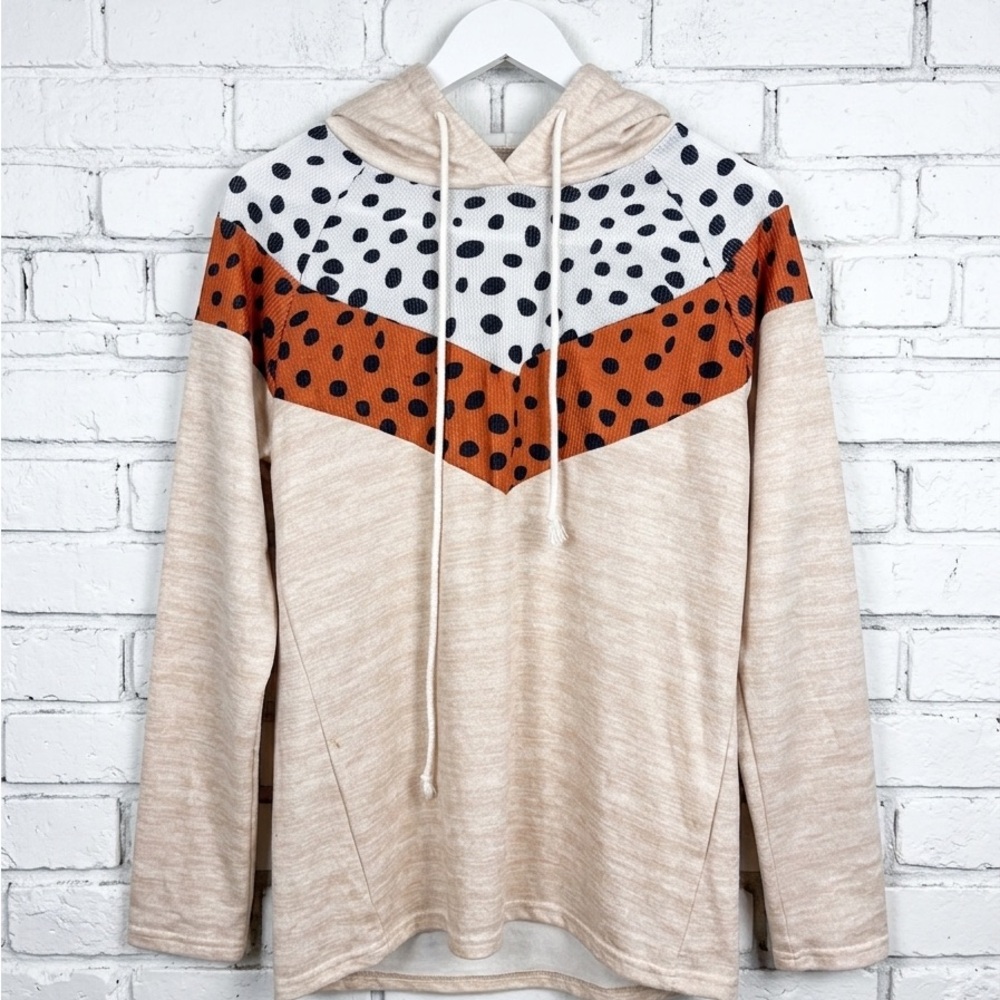 Amazon Beige Hoodie with White and Rust Polka Dot Chevron Accents
